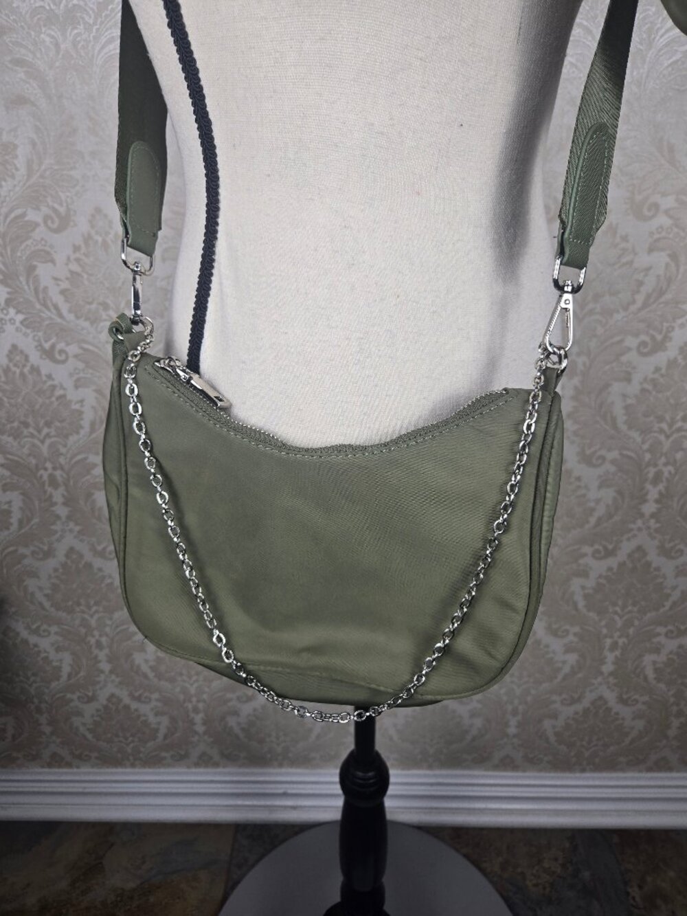 Olive Green NYlon Crossbody Bag Removable Pouch Canvas Adjustable Strap Chain - Picture 3 of 15